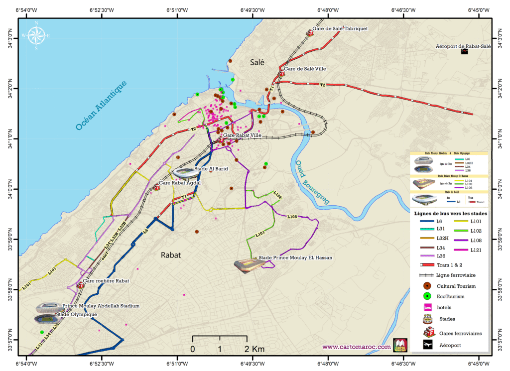 Carte de Rabat avec la localisation des stades de la CAN 2025 et les principales lignes de bus d’accès