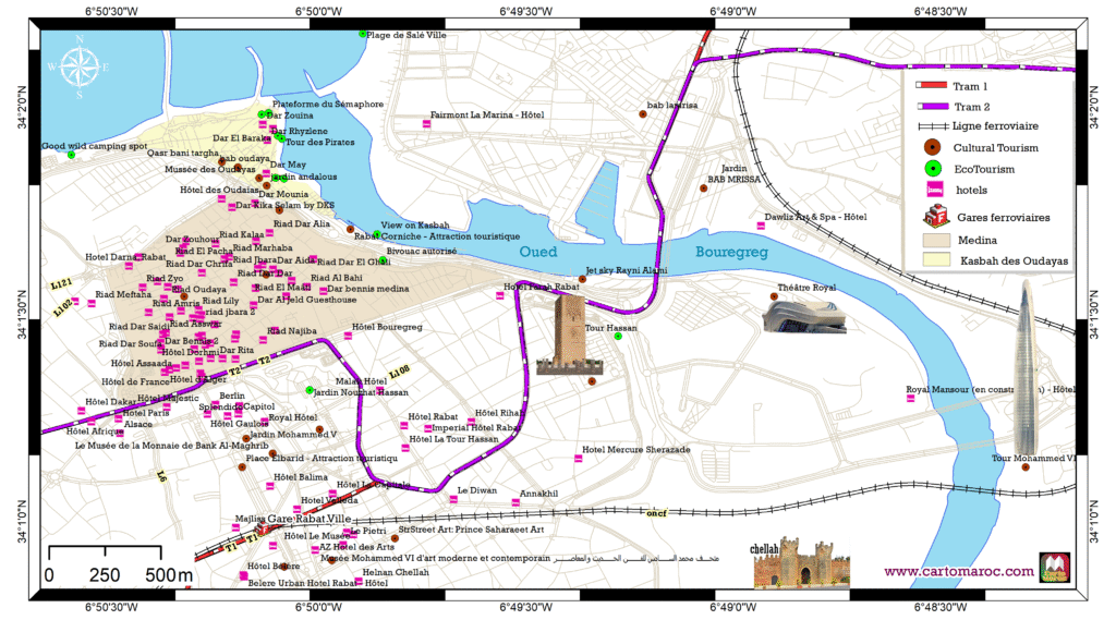 Carte touristique de Rabat : sites culturels, écotourisme, hôtels et infrastructures pour la CAN 2025