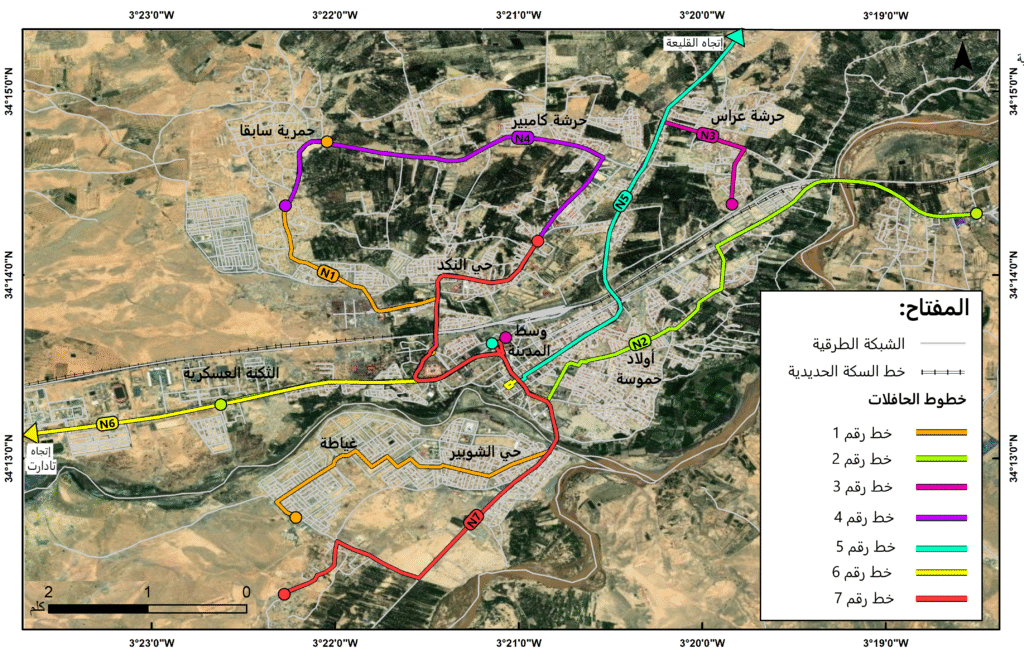 Carte du tracé de la ligne de bus à Guercif montrant l’itinéraire de desserte urbaine