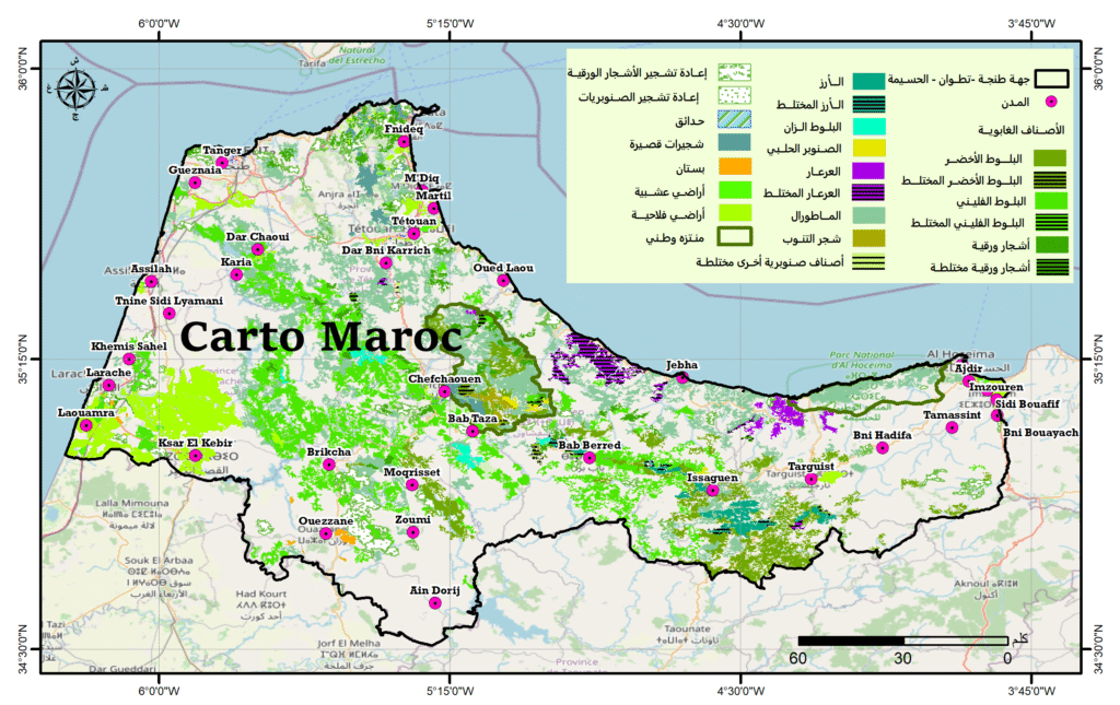 Carte des types forestiers dans la région de Tanger-Tétouan-Al Hoceima montrant la répartition des essences forestières