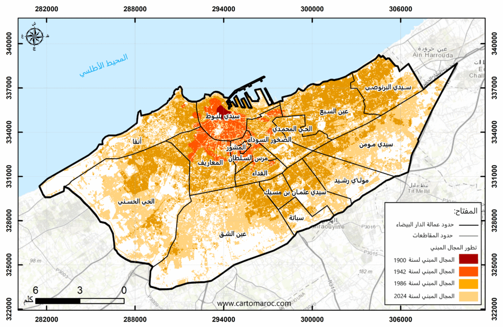 Carte de l’indice NDBI de Casablanca montrant la répartition de la densité bâtie