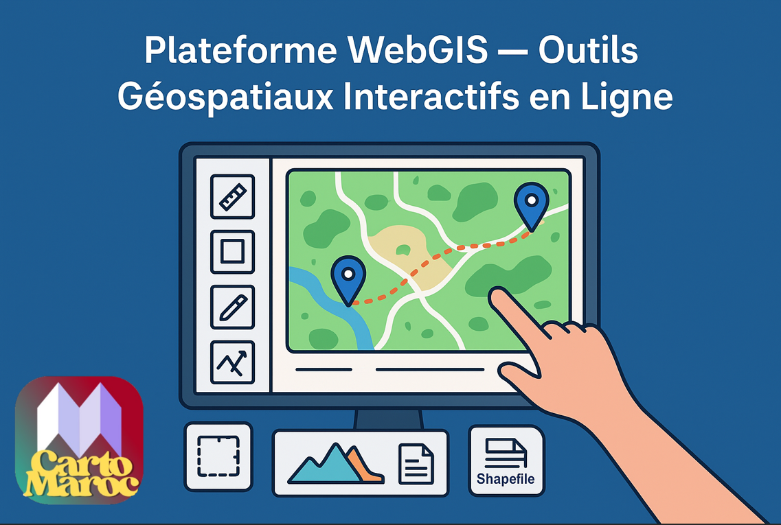 Plateforme WebGIS avec outils géospatiaux interactifs montrant خريطة تفاعلية، قياس المسافات والمساحات، وإمكانية تصدير Shapefile.