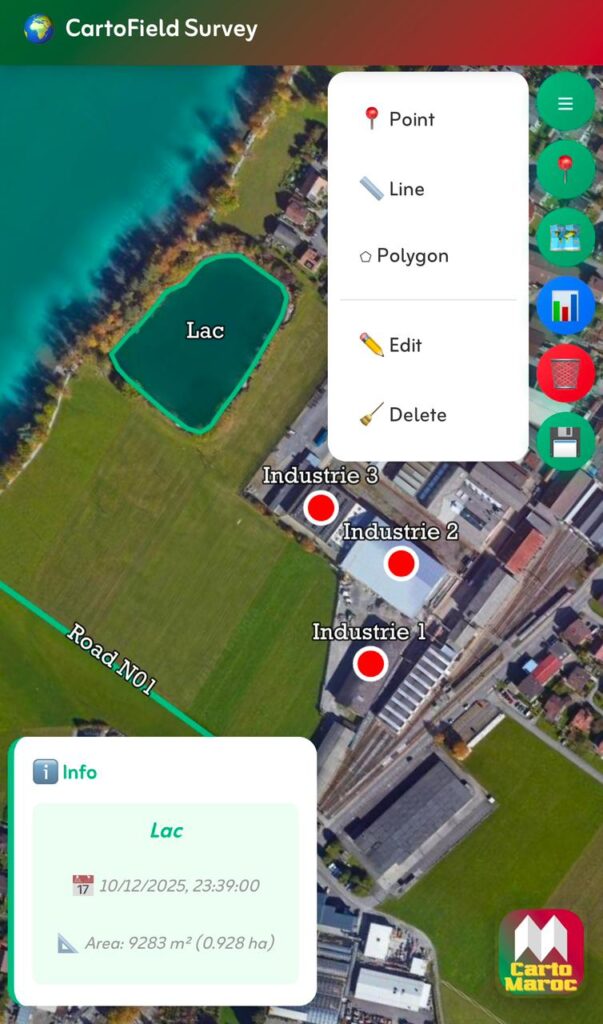 أداة احترافية لجمع البيانات الميدانية على الخريطة برسوم نقطية وخطية ومساحية / Outil professionnel de collecte de données terrain (points, lignes, polygones) sur carte.