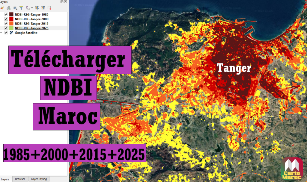 الصيغة: خريطة NDBI Tanger Maroc 1985-2025 Shapefile - التوسع العمراني بطنجة بصيغة شيبفايل.