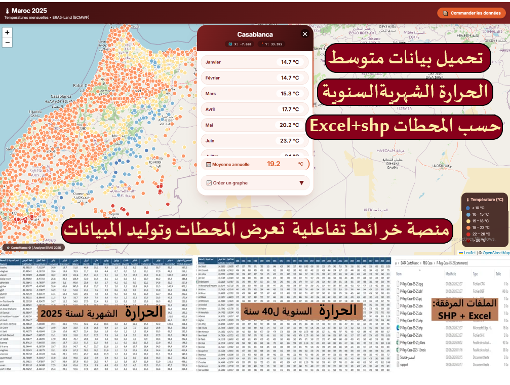 منصة خرائط تفاعلية تتيح تحميل بيانات درجات الحرارة الشهرية والسنوية للمحطات بالمغرب بصيغة Excel و SHP.