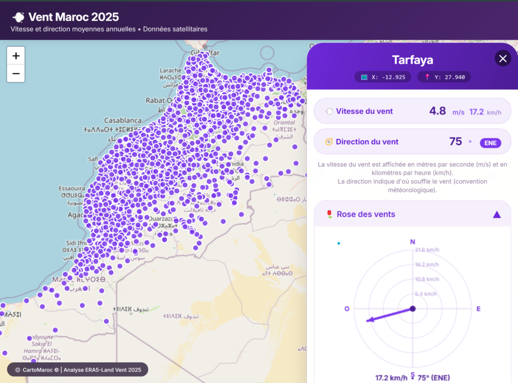 خريطة تفاعلية لبيانات الرياح في المغرب (Tarfaya) تظهر سرعة واتجاه الرياح ووردة الرياح | Carte interactive Vent Maroc 2025 affichant la vitesse, direction du vent et rose des vents.